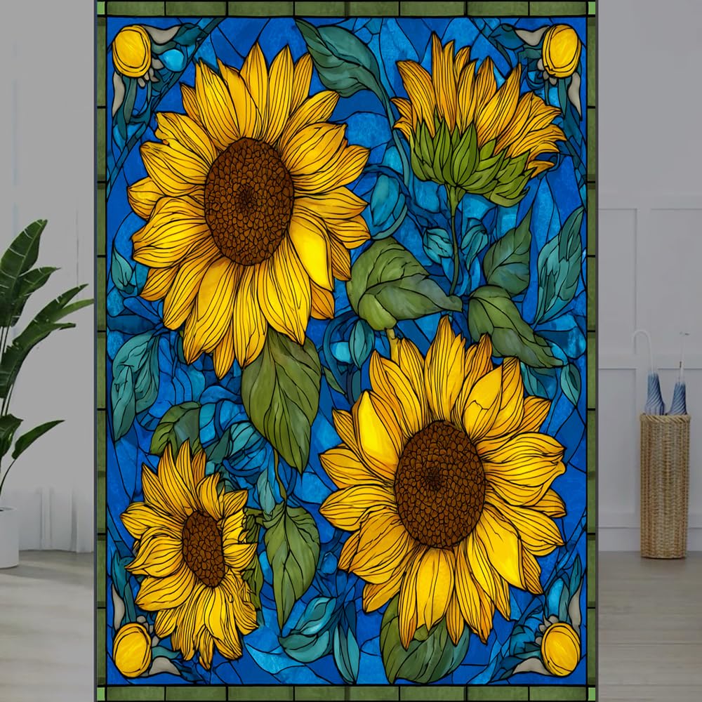 FOCCAFB Vintage Sunflower Privacy Window Film, Flower Leaves Bouquet Frosted Self-Adhesive Vinyl Cling for Glass Doors Bathroom Windows Sun Blocking Heat Control, （50x100cm）