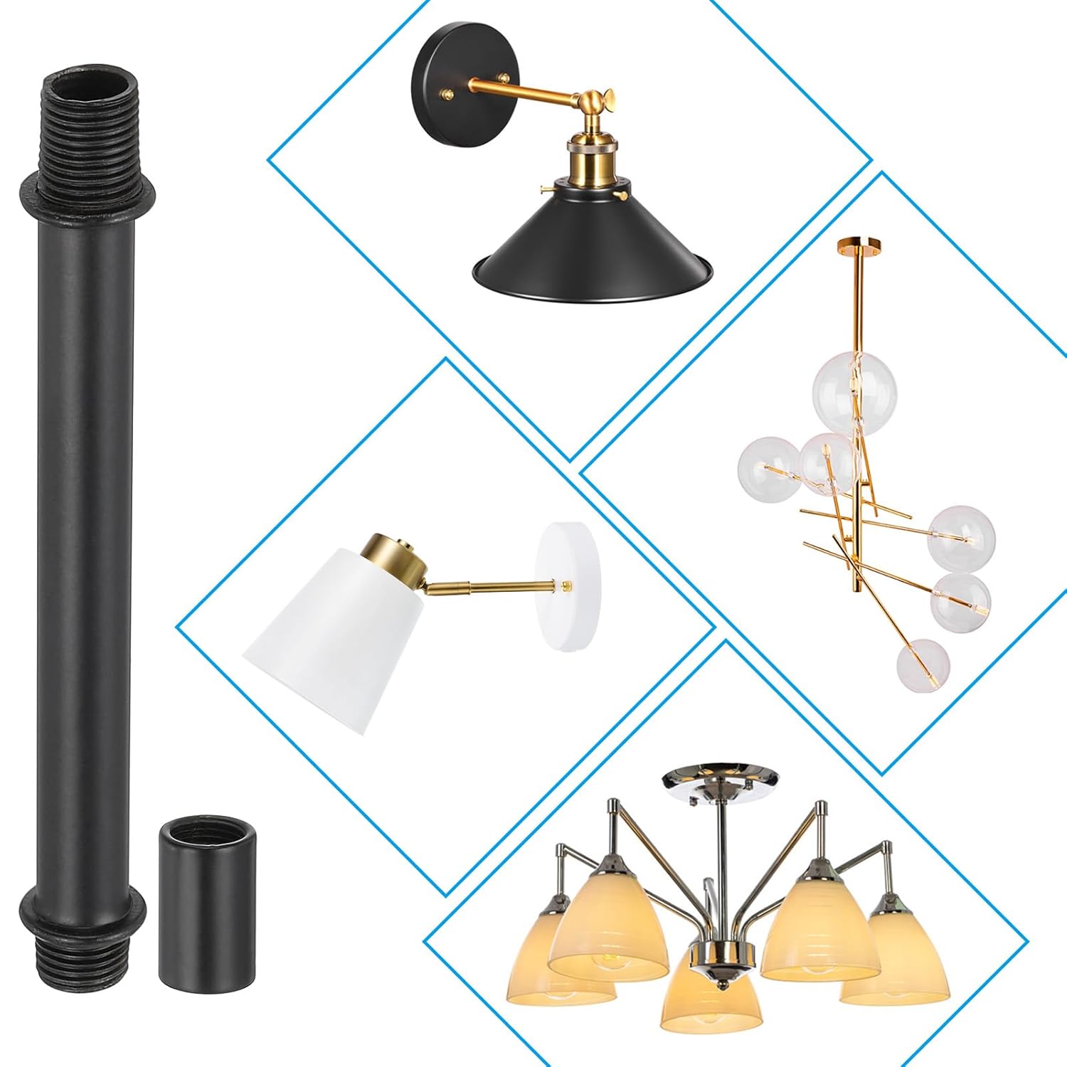 PATIKIL Straight Pipe Lamp Stems Rod Kit, 4Set M10 Carbon Steel 100mm(3.94") Long Double End Thread Rod with Coupling Nuts Sleeve Connector for Table Lamps Chandeliers, Black