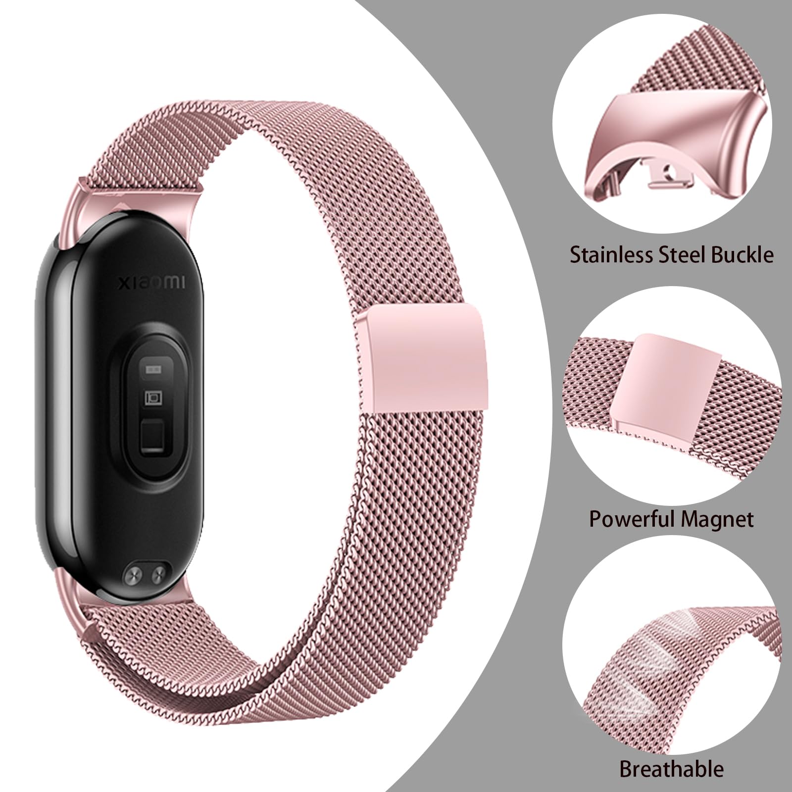 Harikiri Magnetic Straps Compatible with Xiaomi Mi Band 9/8,Metal Replacement Strap for Women and Men, Pink, 140 à 215 mm - Image 3