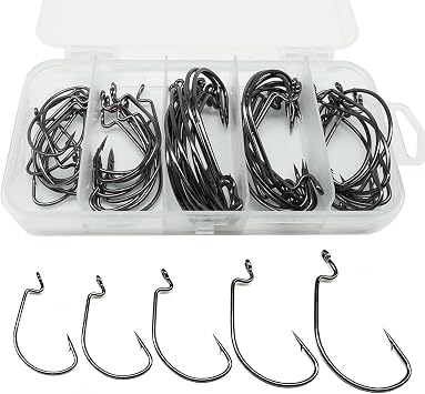 YHC 50pcs Fishing Worm Hooks High Carbon Steel Wide Gap Offset Saltwater Freshwater Extra Strong Circle Jig Worm Fishing Hooks for Bass Trout #1/0-5/0