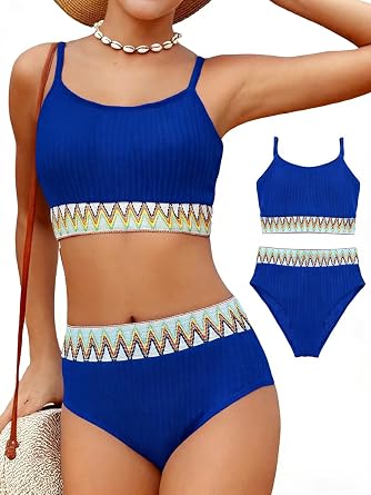 Girls Swimsuit Two Piece Teen Bathing Suit High Waist Textured Bikini Set Woven Girls Swimwear 9-16Y