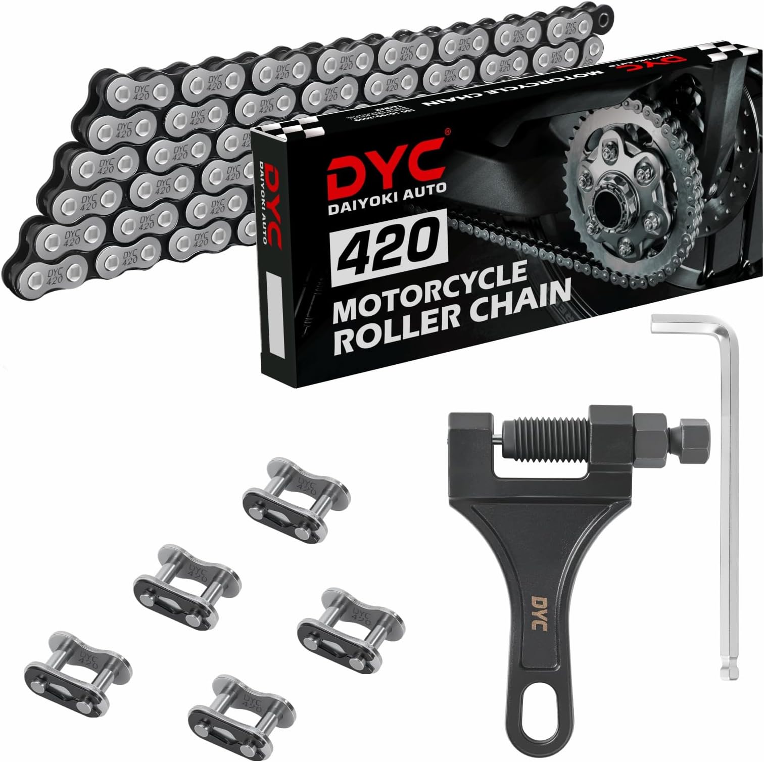 DYC 420 Motorcycle Chain 132 Links for 50 70 90 110 125 196 212cc Coleman SSR TaoTao Coolster Apollo Baja Kazuma Chinese ATV, 420 Chain for Mini Bike Dirt Bike Go Kart with Chain Breaker Tool