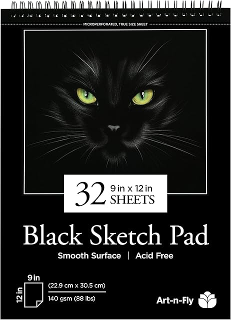 32 Sheets Black Sketch Pad 9X12" - Black Sketchbook Drawing Paper, Perforated Edge on Spiral Bound 88 LB - Art Black Sketch Book for Colored Pencils, Graphite, Charcoal, Pastels & Gel Pens
