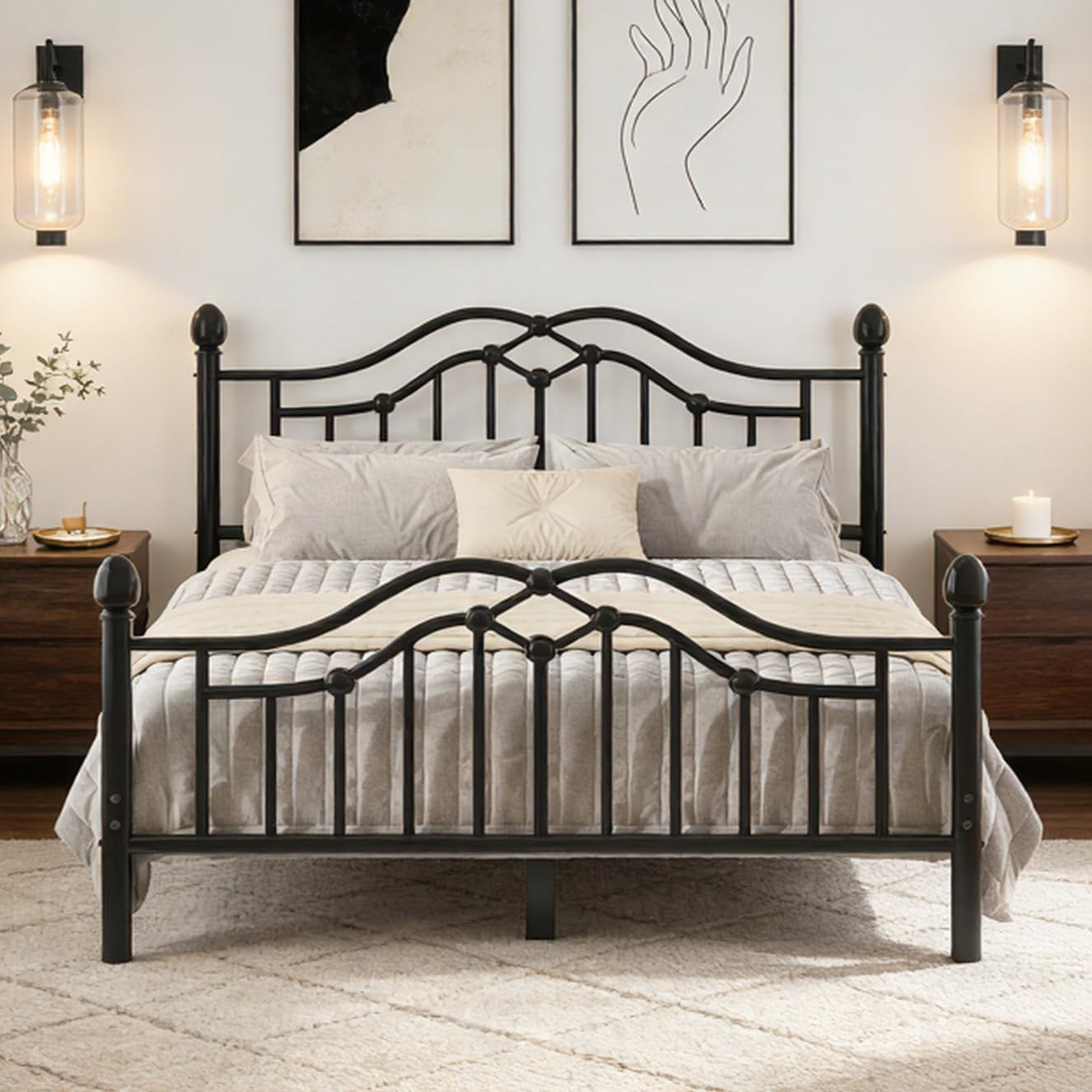 Queen Size Metal Platform Bed Frame with Victorian Style Headboard and Footboard/Under Bed Storage/Easy Assemble/No Box Spring Needed/Noise Free/Black