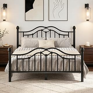 Queen Size Metal Platform Bed Frame with Victorian Style Headboard and Footboard/Under Bed Storage/Easy Assemble/No Box Spring Needed/Noise Free/Black