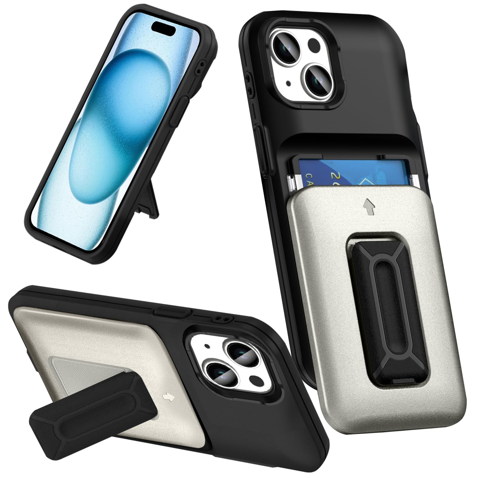 対応 iPhone 15 用 ケース カード収納 2枚 耐衝撃 TPU+PC アイフォン15スマホケース 米軍MIL規格取得 ICカード収納 スタンド機能 縦横両対応 レンズ保護 擦り傷防止 滑り止め 落下防止 指紋防止 全面保護カバー (シルバー)