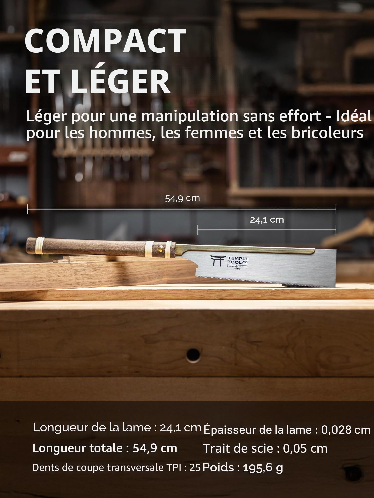 Scie à traction japonaise – Crosscut 9.5 – Scie à main pour menuiserie Crosscutts, Kumiko, épaules de tenon, scie à bois Dozuki – Temple Tool Co.