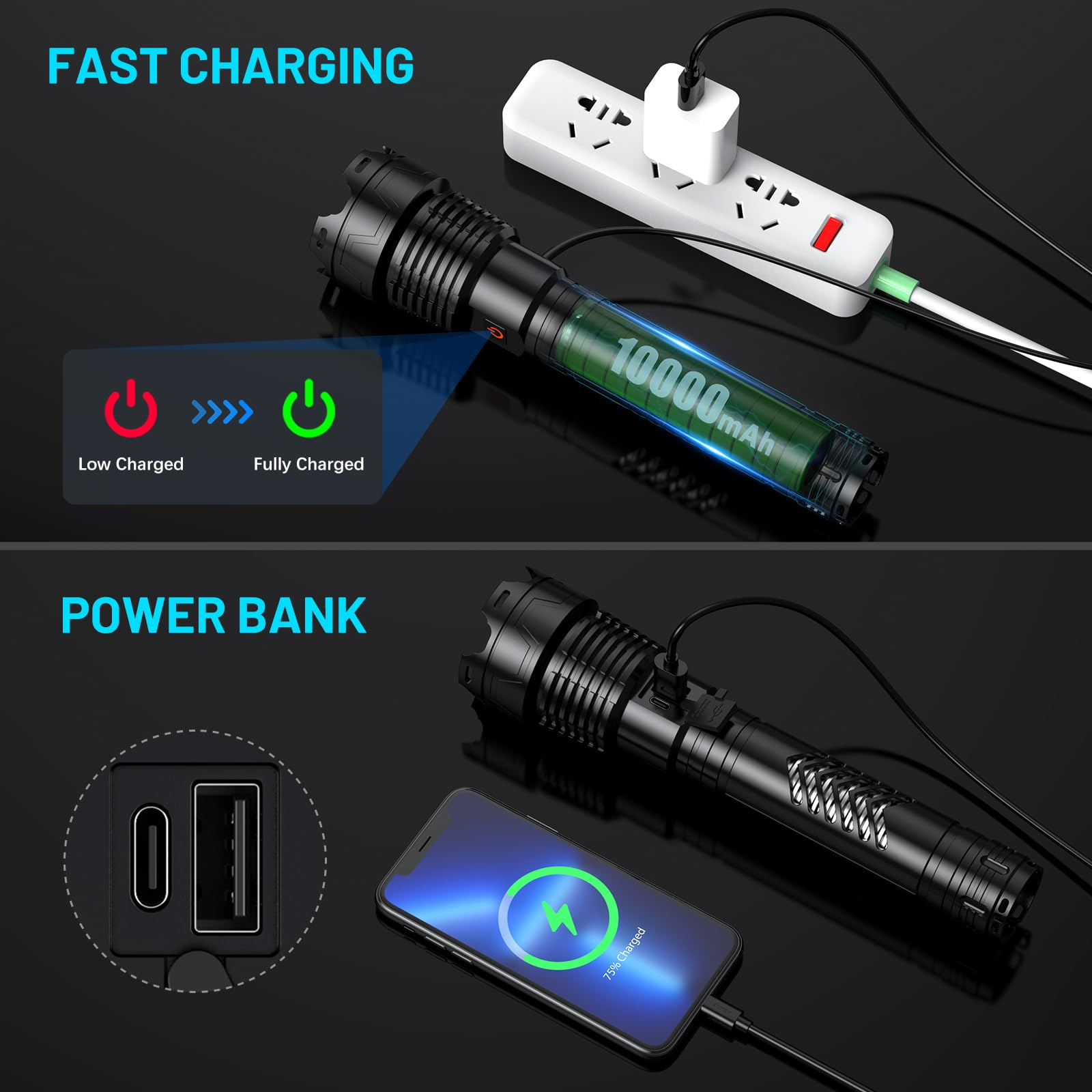 Lampe de poche LED 150 000 lumens - Extrêmement lumineuse - P160.2 - Rechargeable par USB - 8 à 12 heures d'autonomie - 5 modes d'éclairage zoomables - Étanche IP55 - Pour le camping et les