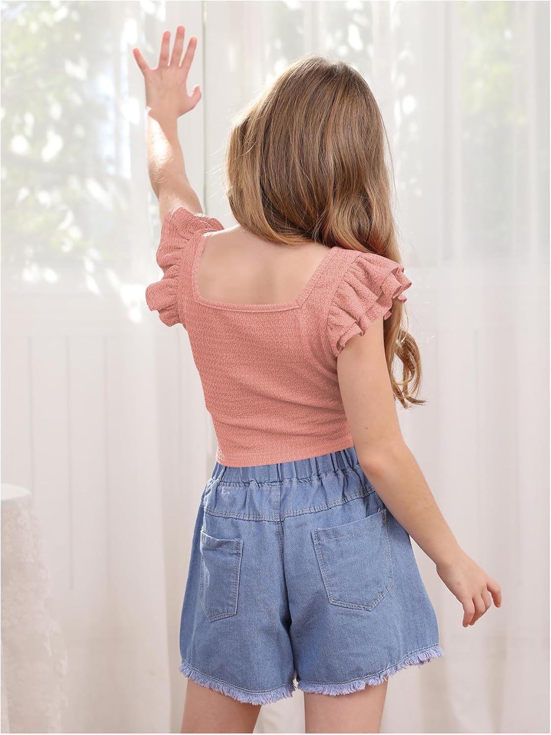 OYOANGLE Girl's Casual Solid Ruffle Trim Cap Sleeve Square Neck Cute Crop Tank Tops T-Shirts - Image 2