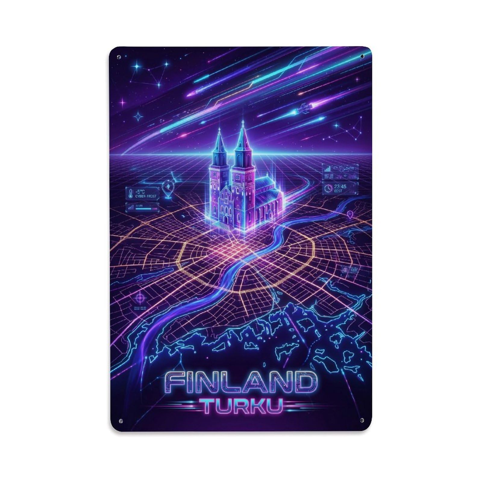 Turku Futuristic City Cyber Synthwave Neon Travel Map Guide Metal Tin Sign Plaque Wall Decor for Cafe, Man Cave, Club Bar, Office, Home Garden Round Metal Poster 8x12Inch