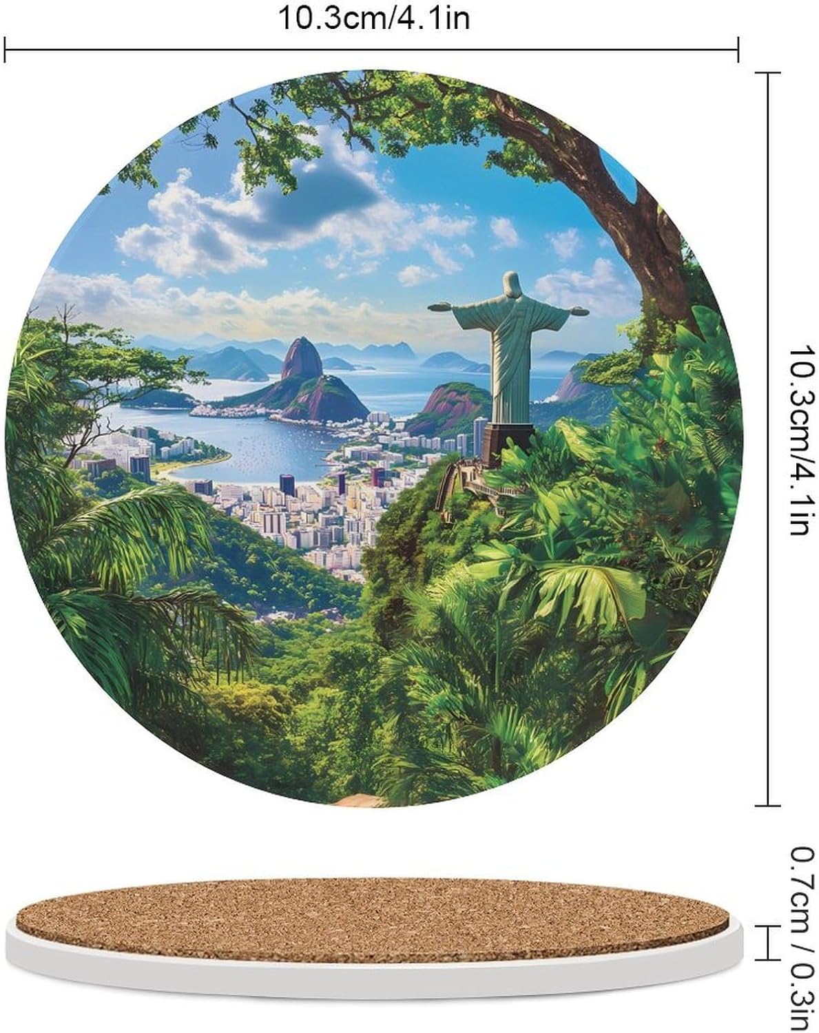 Riodjaneiroes Brazil Redeemeres Coasters for Drink Round Ceramic Coaster with Cork Base Home Decorative 6PCS