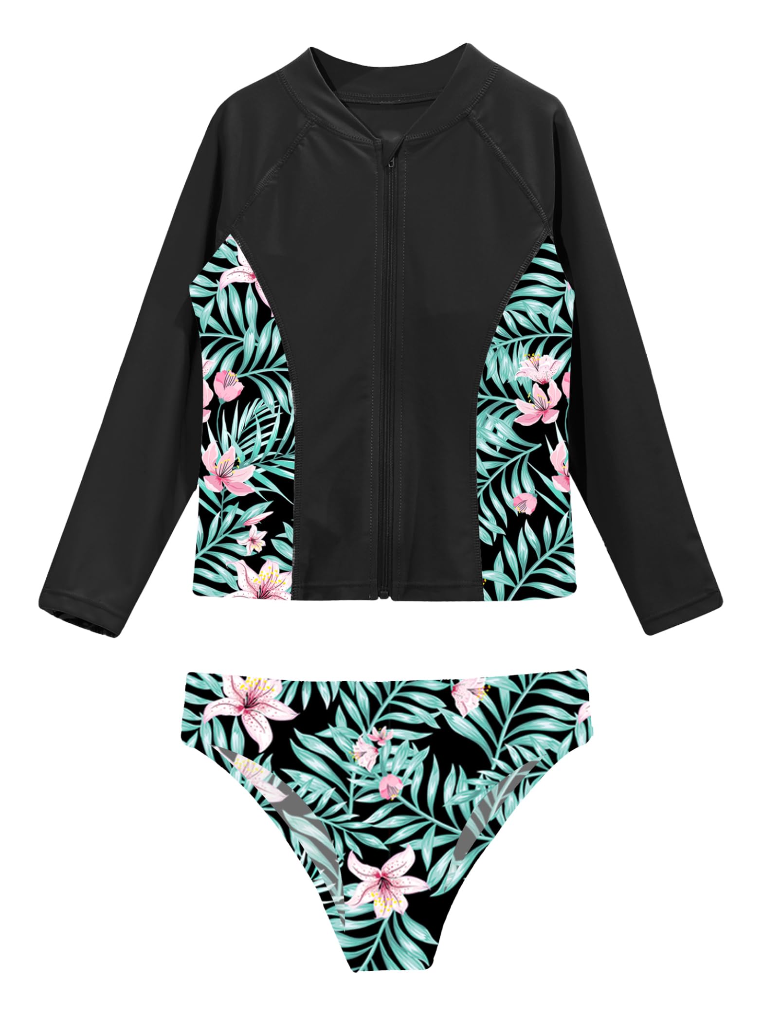 Eandarui Kids Girls Rash Guard Swimsuit UPF 50+ Long Sleeve Zipper Swim Shirt with Bikini Briefs Bathing Suit Green 14 Years