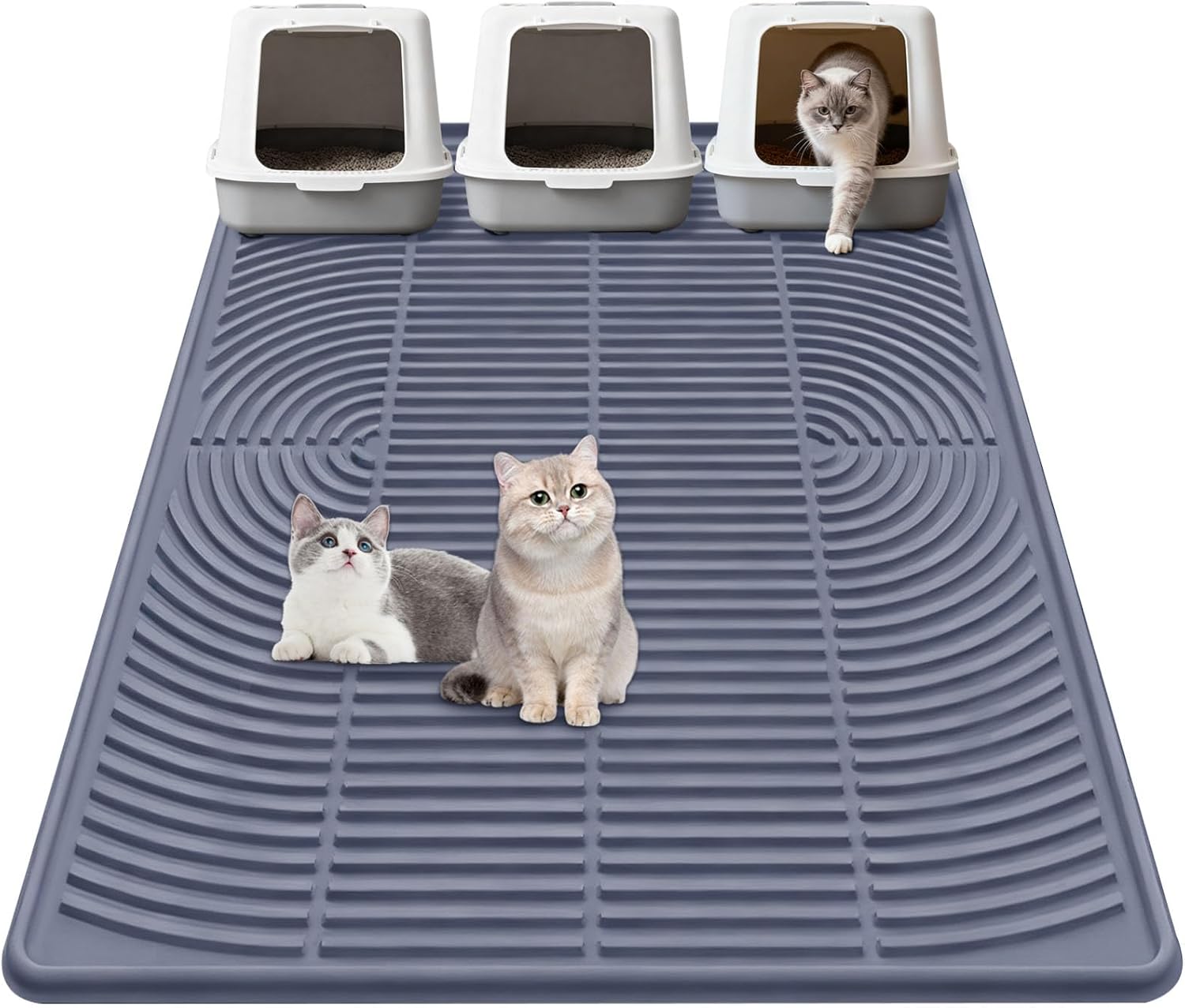 Cat Litter Mat Extra Large 47"x35" Silicone Waterproof Litter Trapping Mat for Litter Box, Non-Slip Urine-Proof Kitty Litters Box Mats with Deep Grooves, Easy Clean Scatter Control Pet Mats (Gray)