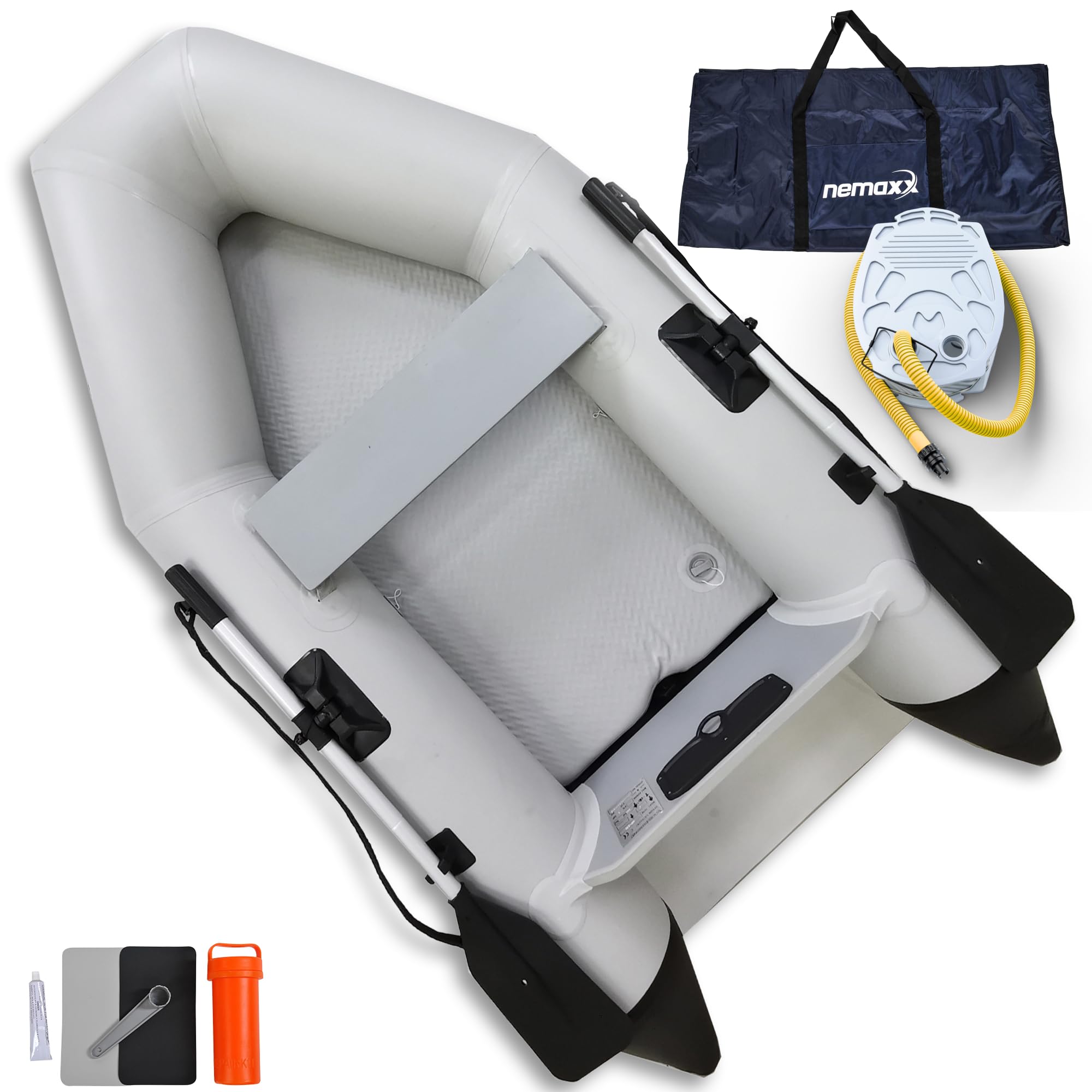 NEMAXX® Gommone 230 cm per 2 Persone – Barca a Remi, da Pesca e da Voga – Categoria C, 300 kg, Pavimento Gonfiabile, Motorizzabile fino a 3,​75 kW/​5 HP – incl. 2 Remi, Pompa, Borsa e Kit di Riparazione