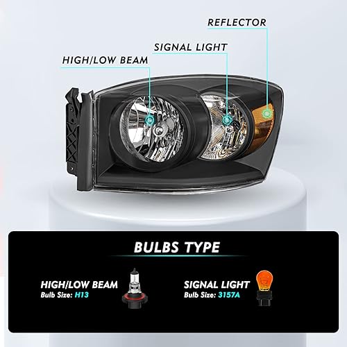 Miniatura 3 de TUSDAR Juego de ensamblaje de faros delanteros para Dodge Ram 15002007-2009 Dodge Ram 25003500 2006-2008 Pickup lado del conductor y del pasajero