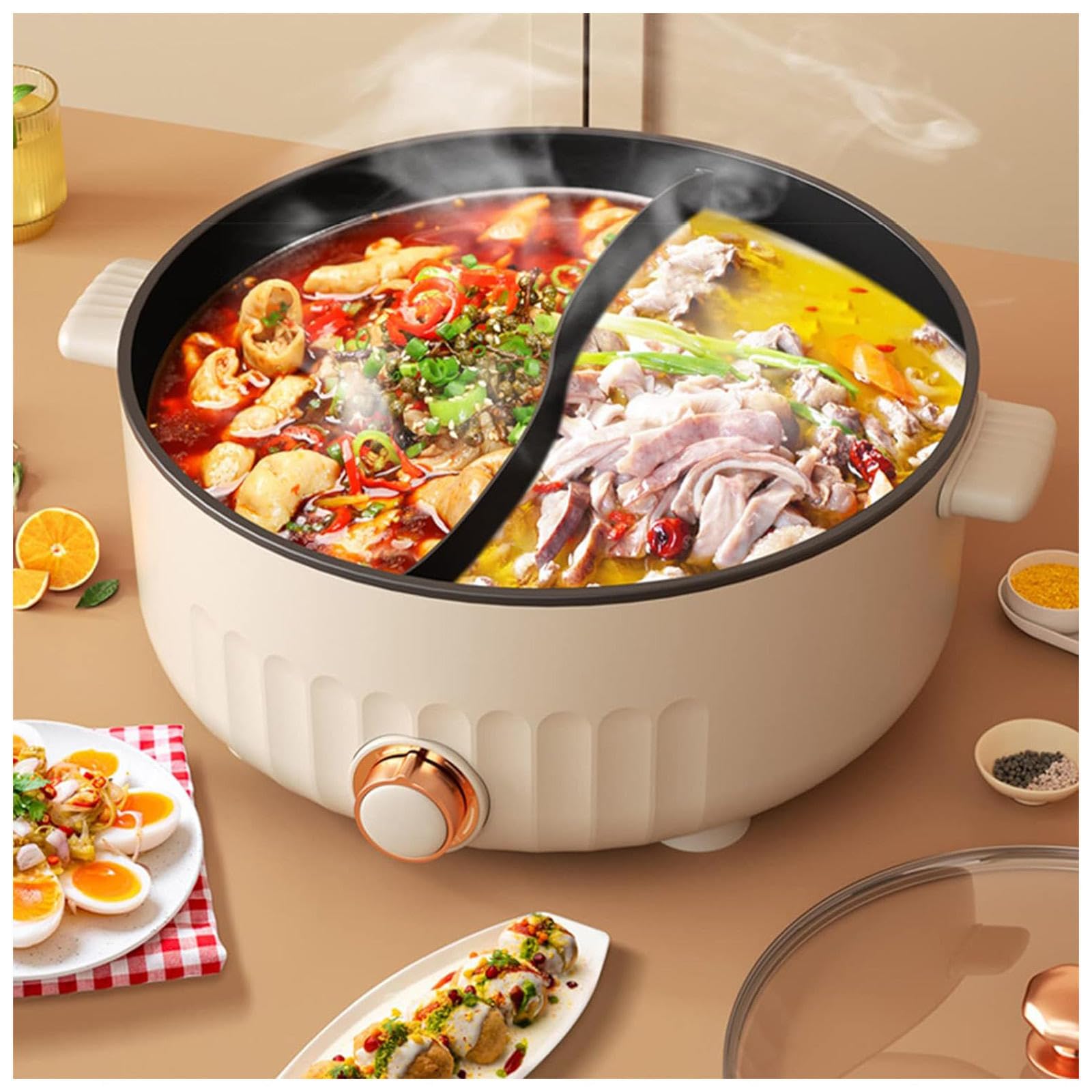 ARTSIM Fondue Chinoise Electrique, 6 litres, 1350 Watts, 30cm De DiamèTre Appareil Fondue Chinoise Individuelle Convient Aux Petites FêTes (avec 2 Filets Non éTanches),White
