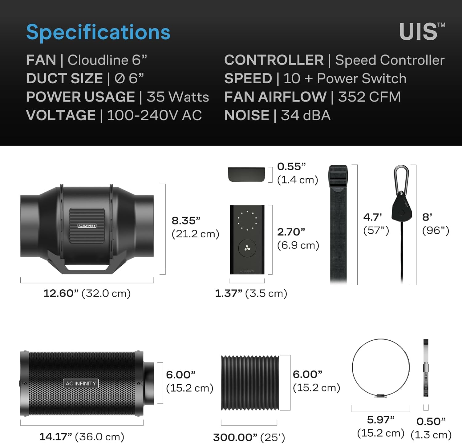 AC Infinity Air Filtration Kit 6”, CLOUDLINE LITE Inline Fan and Carbon Filter Combo, Cooling and Ventilation System for Grow Tents, Hydroponics, Indoor Gardening