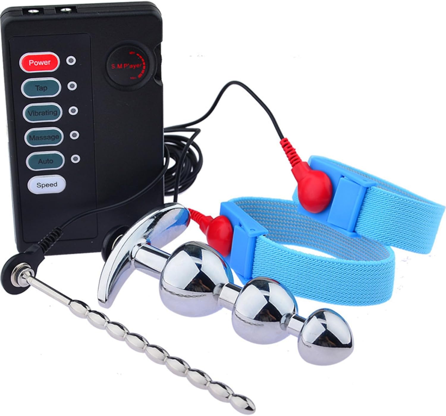 Electric Shock Massager Set for Men Elastic Penis Ring Masturbation Electric Shock Anal Plug Pulling Beads Horse Eye Urethra Plugging Rod