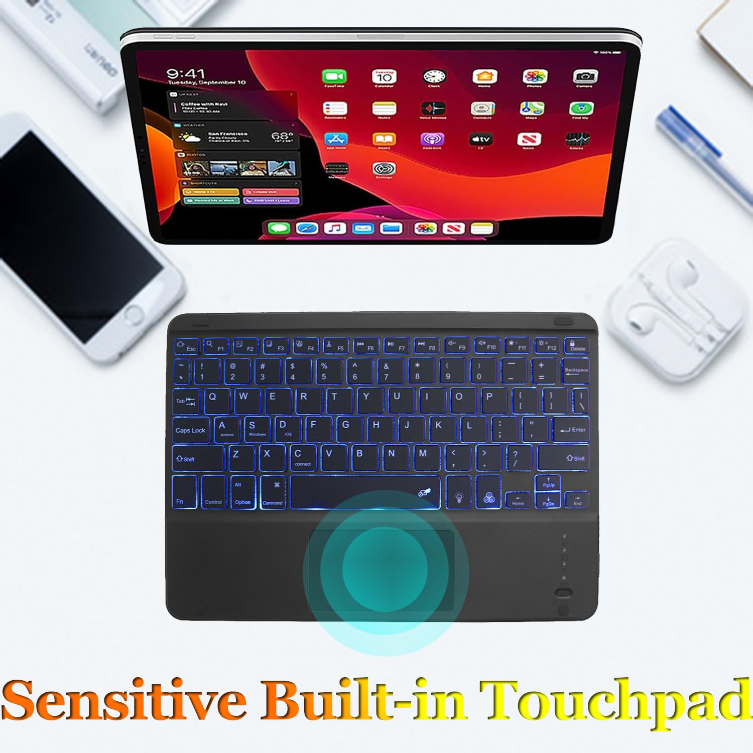 Teclado Bluetooth inalámbrico, teclado ultradelgado de 10 pulgadas con retroiluminación de 7 colores con panel táctil, teclado portátil inalámbrico inalámbrico inalámbrico Bluetooth portátil para 4
