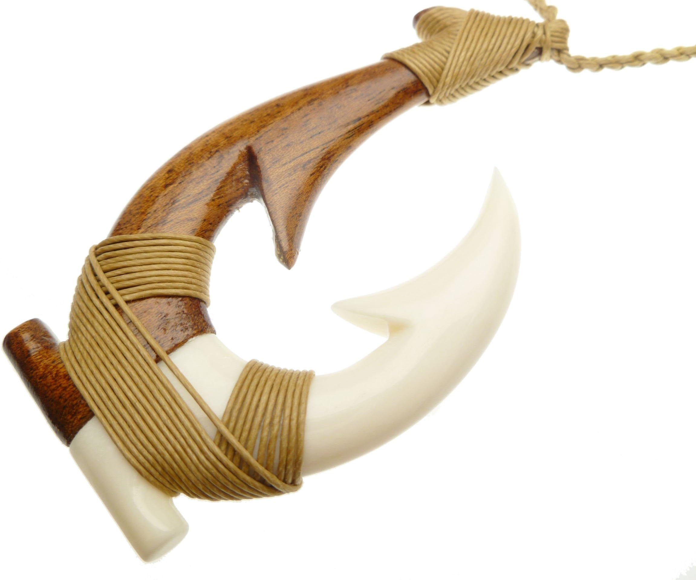 Hawaiian, Natural Koa Wood and Bone Pendant" Fishhook" w/adjustable Hemp cord