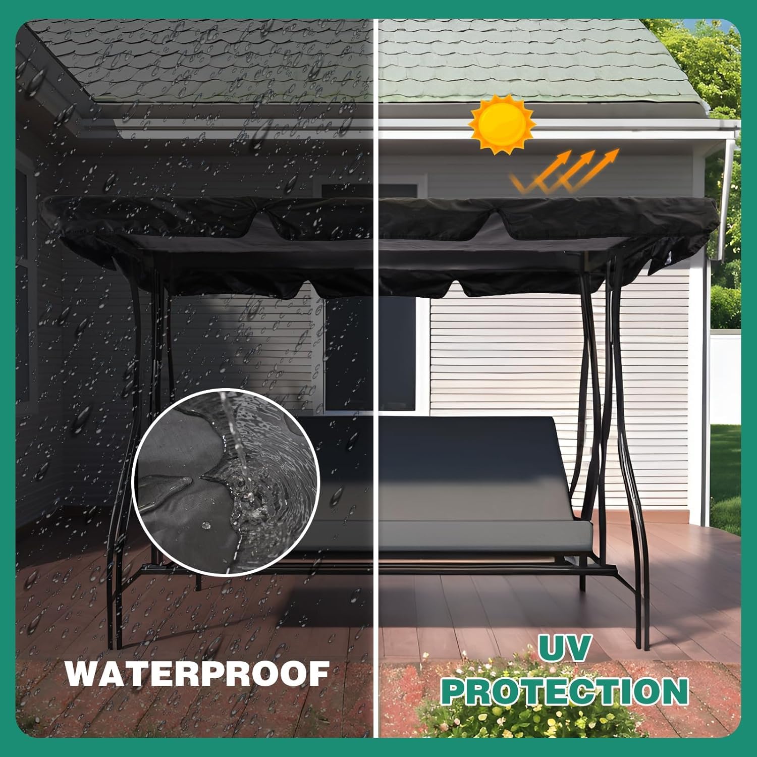 Tetto di Ricambio per Altalena da Giardino Tettuccio per Dondolo 2 3 Posti,Universale Impermeabile Anti-UV Sostituzione del Tettuccio Oscillante per Cortile Parco Balcone,75" Wx42 D