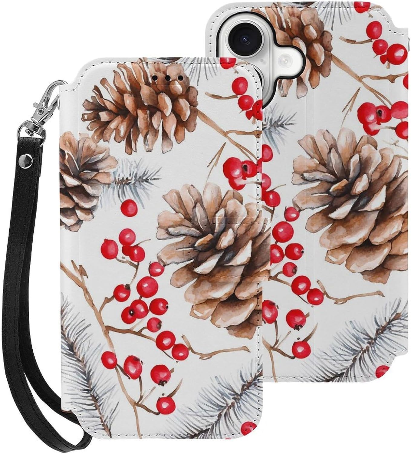Pine Cones and Berries Compatible with iPhone 16/16 Plus/16 Pro/16 Pro Max/16 E Case Phone Wallet Card Holder Flip Cover with Wrist Strap