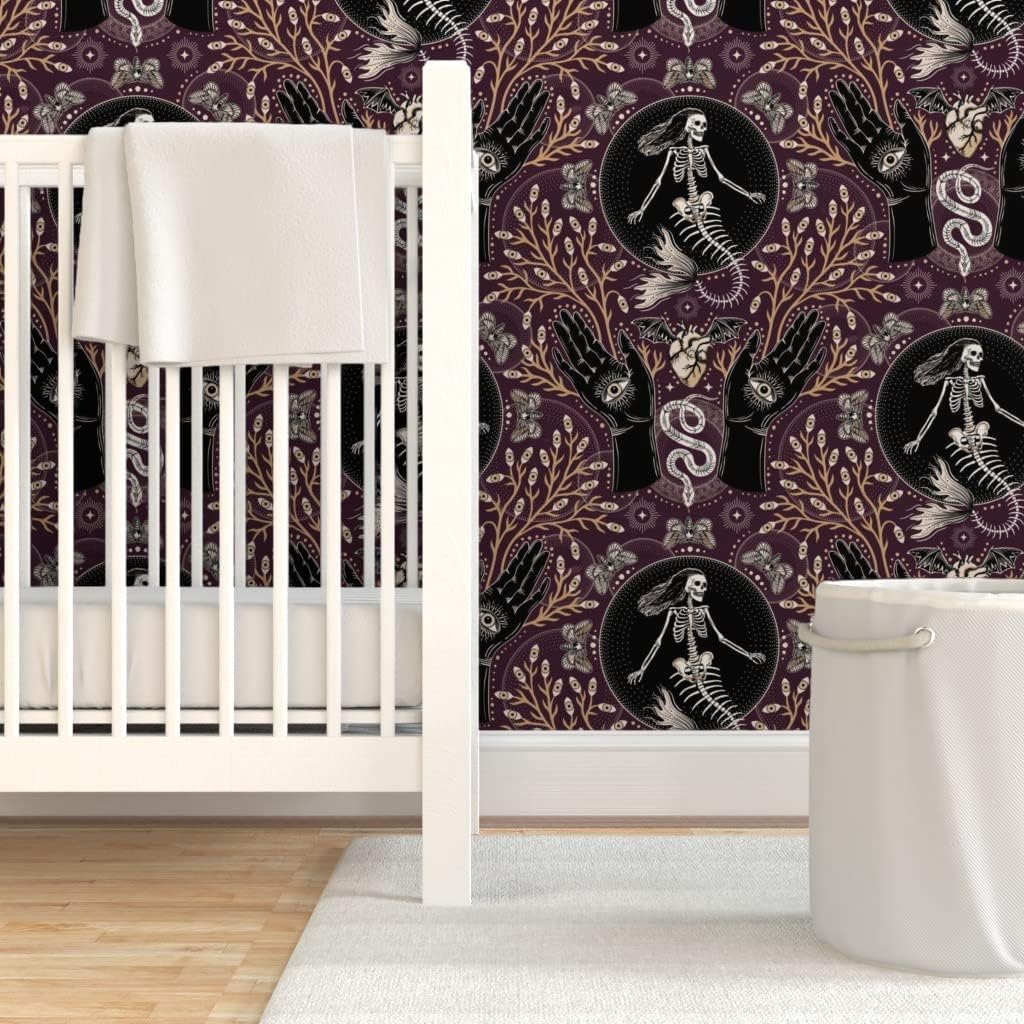 Spoonflower Peel & Stick Wallpaper 3ft x 2ft - Mermaid Skeleton Spooky Hands Eyes Snake Scary Plants Moths Large Plum Purple Gothic Fantasy Custom Removable Wallpaper
