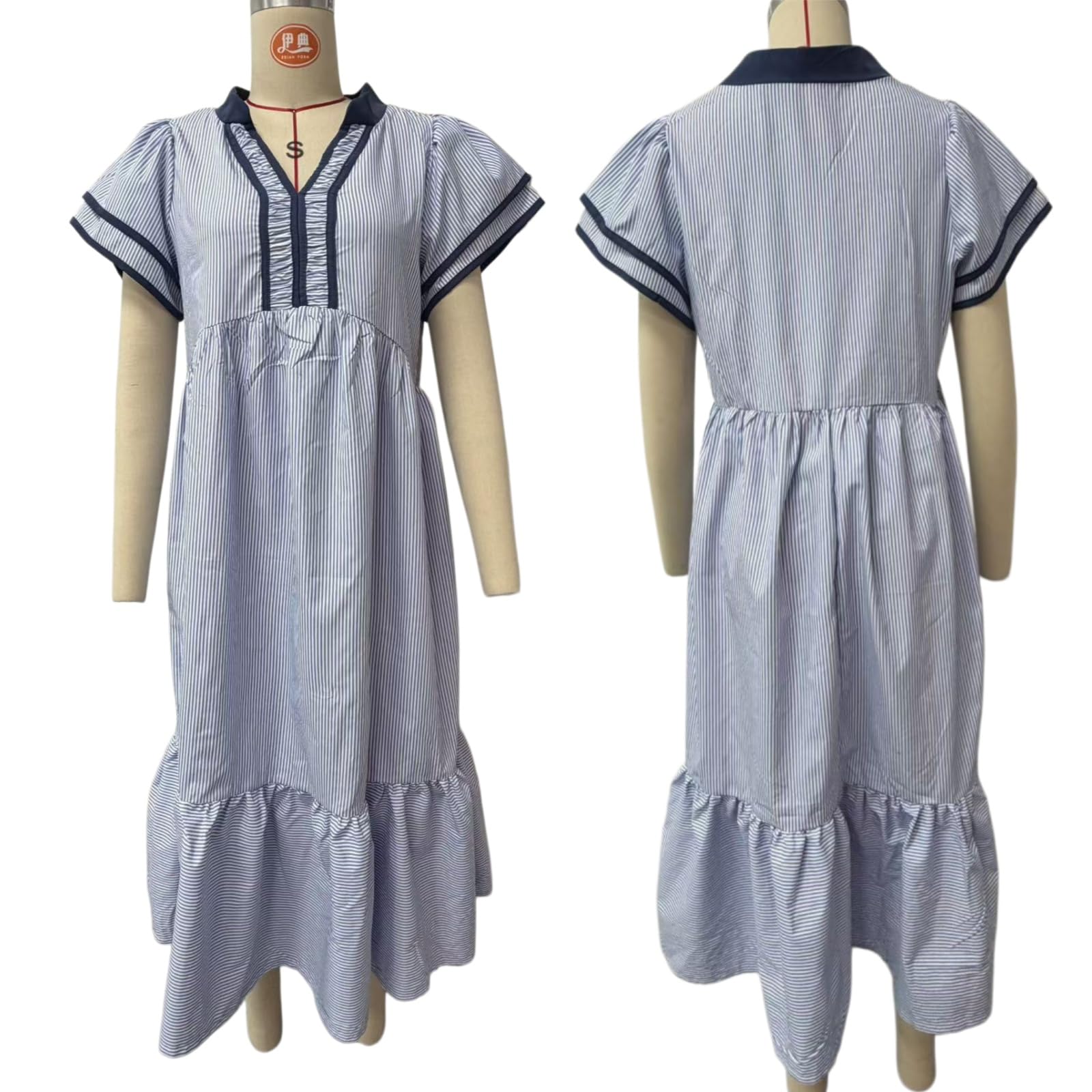 Abito Midi Estivo da Donna, Casual, con Scollo a V, Fantasia Gingham e Vita Impero – Abito Fluido a Righe, Midi-Maxi da Spiaggia