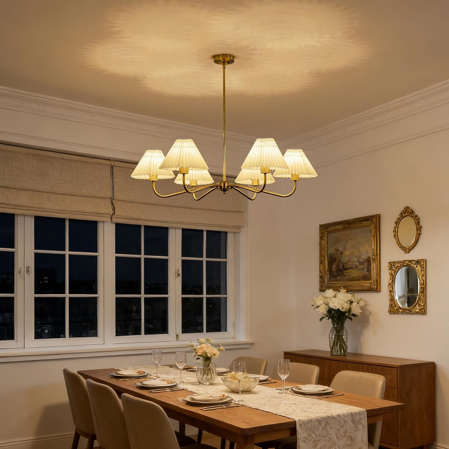 35.8" Gold Chandeliers for Dining Room, Antique Brass Modern Chandelier with Pleated Shades, 6-Light Classic Pendant Light Fixture for Kitchen Island Foyer Entryway, E26