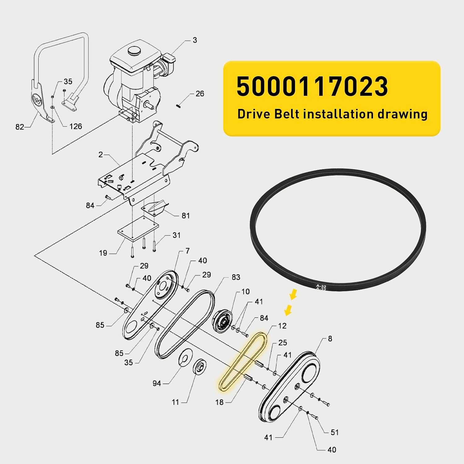 5000117023 Drive Belt Compatible with Wacker Neuson VP1340 VP1550 VP2050 Plate Compactor, Replacement for Wacker Neuson Part