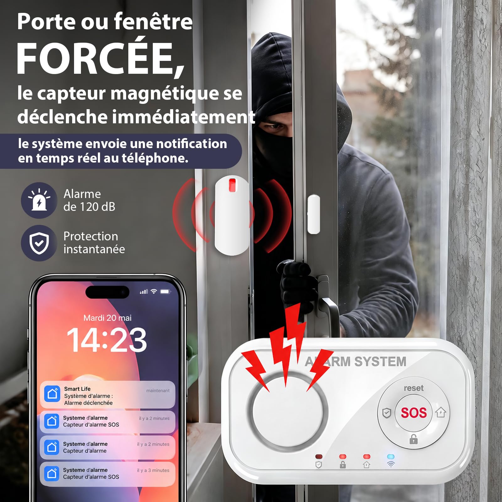 YISEELE Alarme Maison sans Fil: Centrale 120dB - Kit Alarme Maison avec Alarme Porte et fenêtre - détecteur de Chute - Protégez Votre Famille et Vos biens en Votre Absence – Compatible Alexa & Google