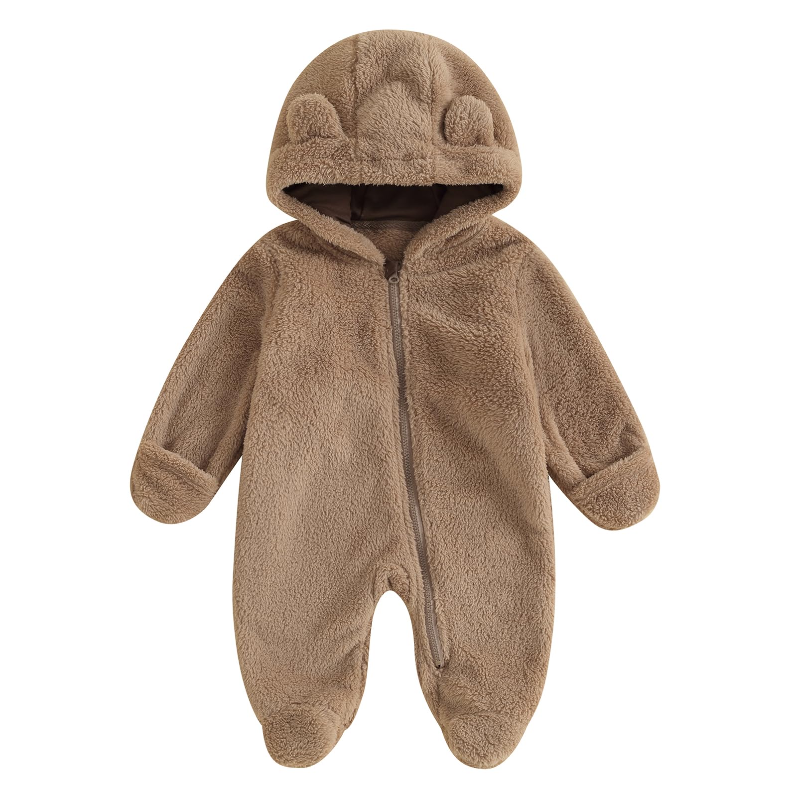 Newborn Baby Girl Boy Bear Fleece Hooded Footie Snowsuit Zip Up Long Sleeve Warm Jumpsuit Romper Baby Winter Outfits (Chestnut, 9-12 Months)