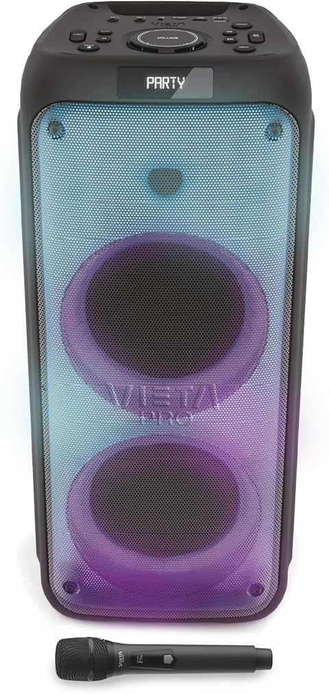 Vieta Pro Altavoz con Auracast y Luces LED RGB, Potencia 150W, Bluetooth 5.3, Micrófono Inalámbrico, Reproduce Desde USB o microSD - Party 110