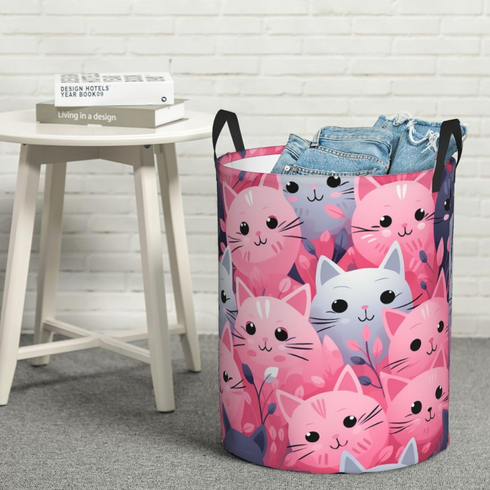 Fodpand Black Lovely Cat Laundry Basket With Handle, Freestanding Laundry Hamper, Collapsible Dirty Clothes Hamper, Waterproof Fabric Blanket Storage Basket Tall Toy Storage Bin Room Decor Medium