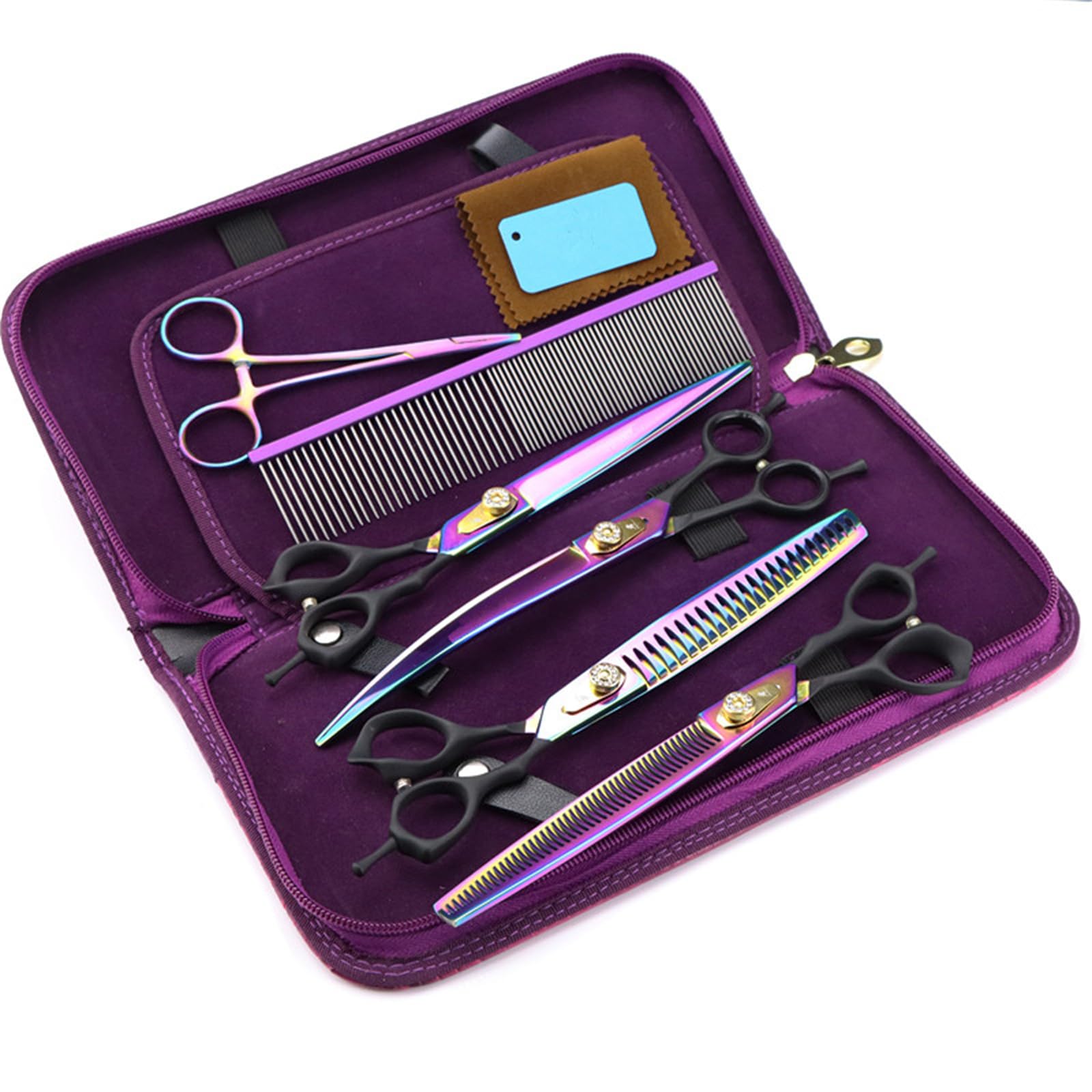 8,0" Hundeschere Set 7 in 1 Fellschere Set für Hunde - gerade gebogene Hundeschere 16/36 Zähne Effilierschere für Hunde mit ergonomischem Griff für Haustier Fellpflege