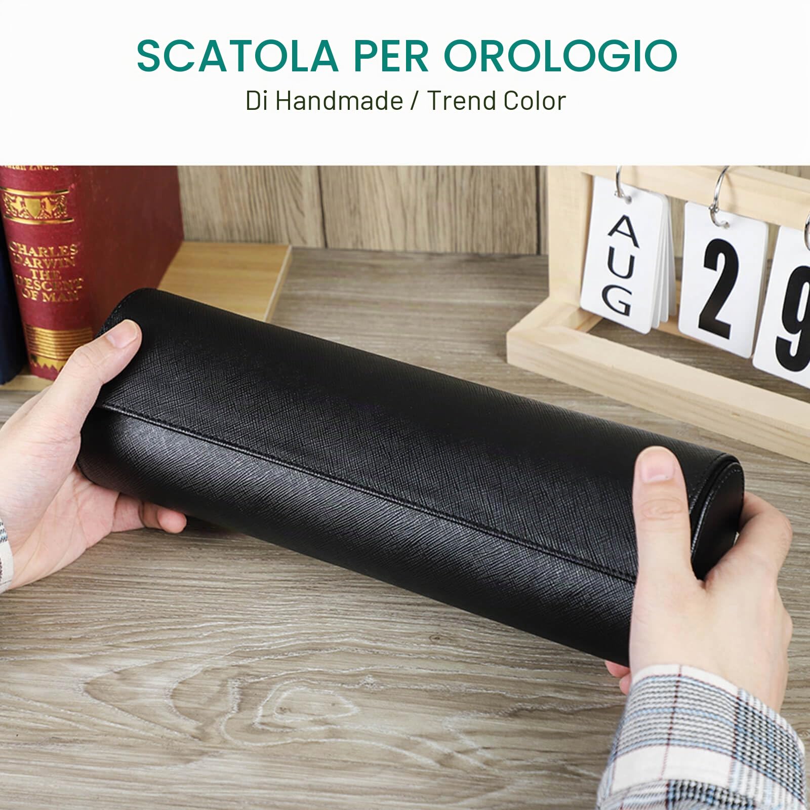 Hiram Custodia per Orologi Custodia da Viaggio per 4 Orologi Scatola Portaoggetti per Orologio da Viaggio in Vera Pelle Saffiano (Nero)