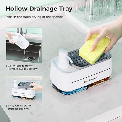 Miniatura 5 de Leligooli Dispensador de jabón para platos para cocina, 4 en 1 dispensador de jabón para manos y platos con soporte para esponja, dispensador de