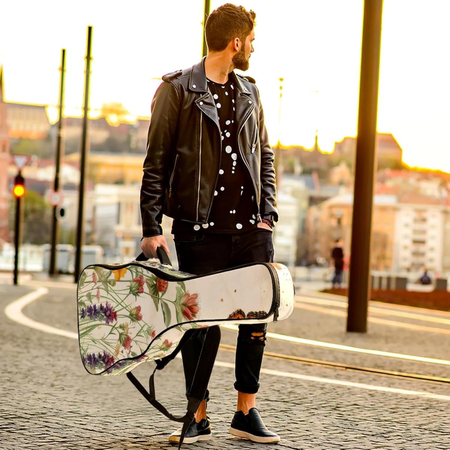 Acoustic Guitar Gig Bag 1 cm Thick Padding, Waterproof Electric Guitar Bag 40-42 Inch Guitar Case Backpack with Dual Shoulder Strap, Butterflies Wildflowers Retro