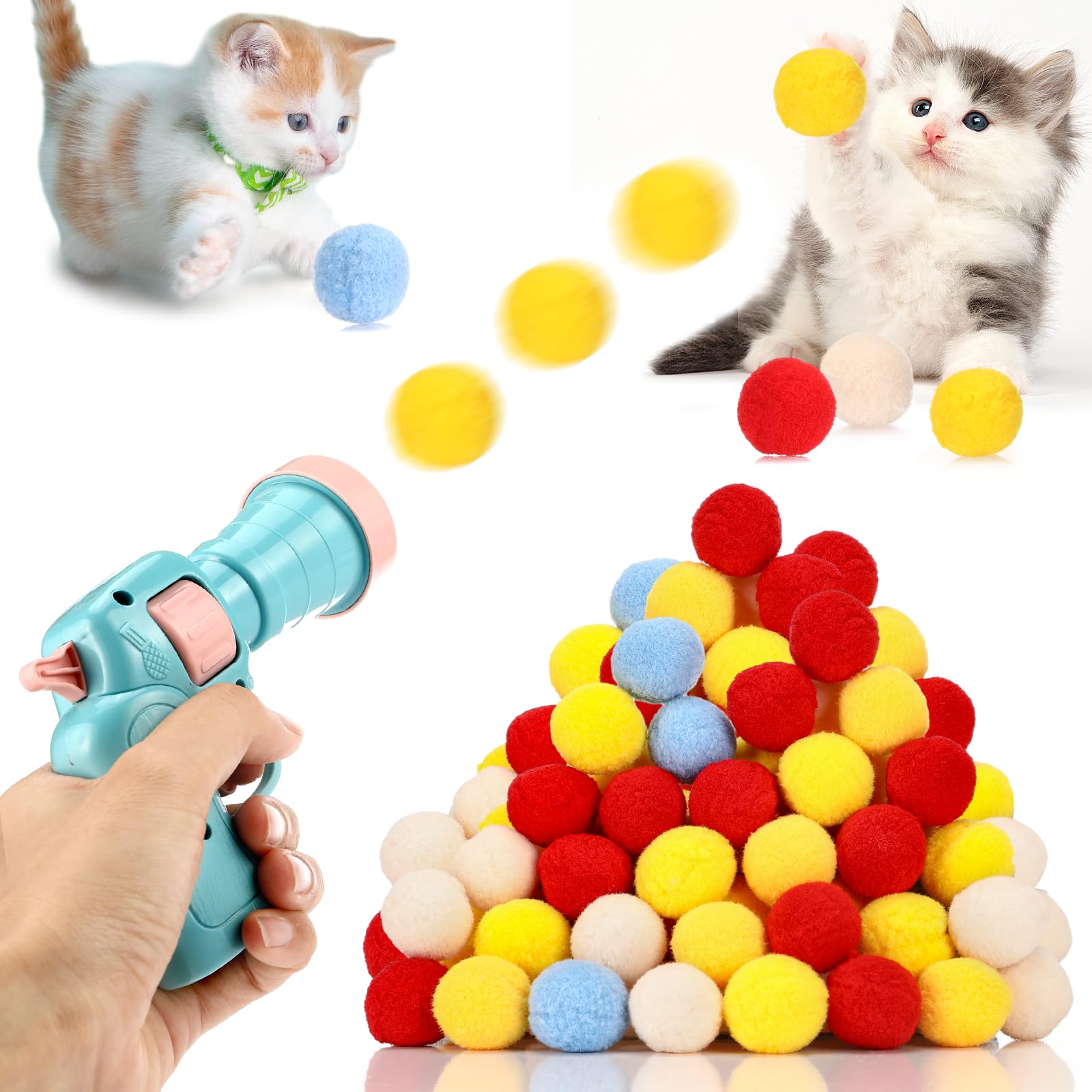 Mkitnvy 50 Piezas Lanzador de Bolas de Juguete para Gatos, Juguete Interactivo para Gatos, Pistola de Bolas para Gatos, Juguetes para Gatos Training Aliviar la Depresión