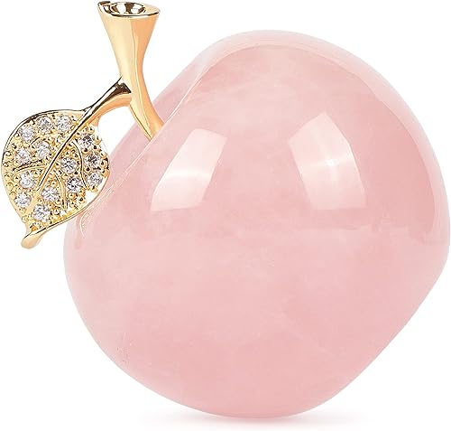 Miniatura 8 de SMQ Estatuilla de manzana con cristal de cuarzo rosa de 1.5 pulgadas, con hoja dorada, bonitos cristales tallados, estatua de manzana, piedra