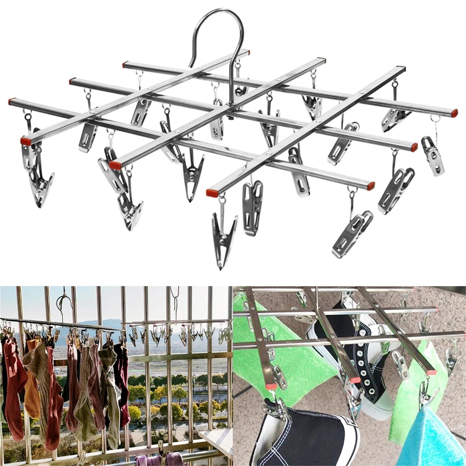 Stendino per Calzini Stendino pieghevole con clip 1-2 pezzi 20/35 | Appendiabiti telescopico con gancio antivento in acciaio inox(20 Clips)