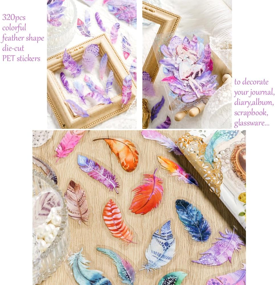 320Pcs Transparent Sticker Bag Self-Adhesive Stickers for Scrapbooking Journaling Tulip Rose Butterfly Feather Fern Stickers for Handmade Bookmark Card DIY Handcraft Junk Journal (320pcs Feather A) image 2