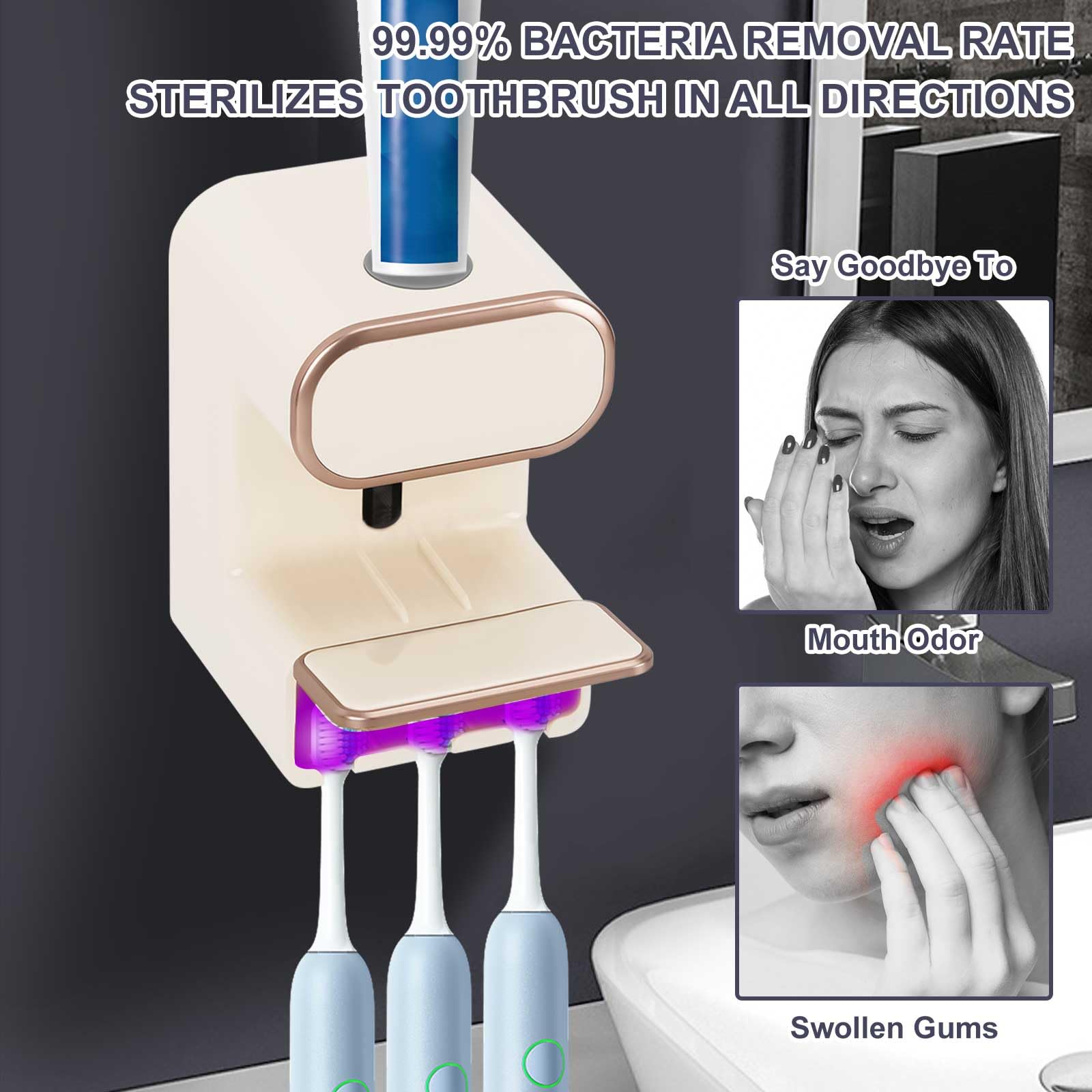 Soporte para cepillo de dientes eléctrico con esterilización UV y montaje en pared, dispensador automático de pasta de dientes con 3 ranuras para niños y adultos, sin necesidad de taladrar, color