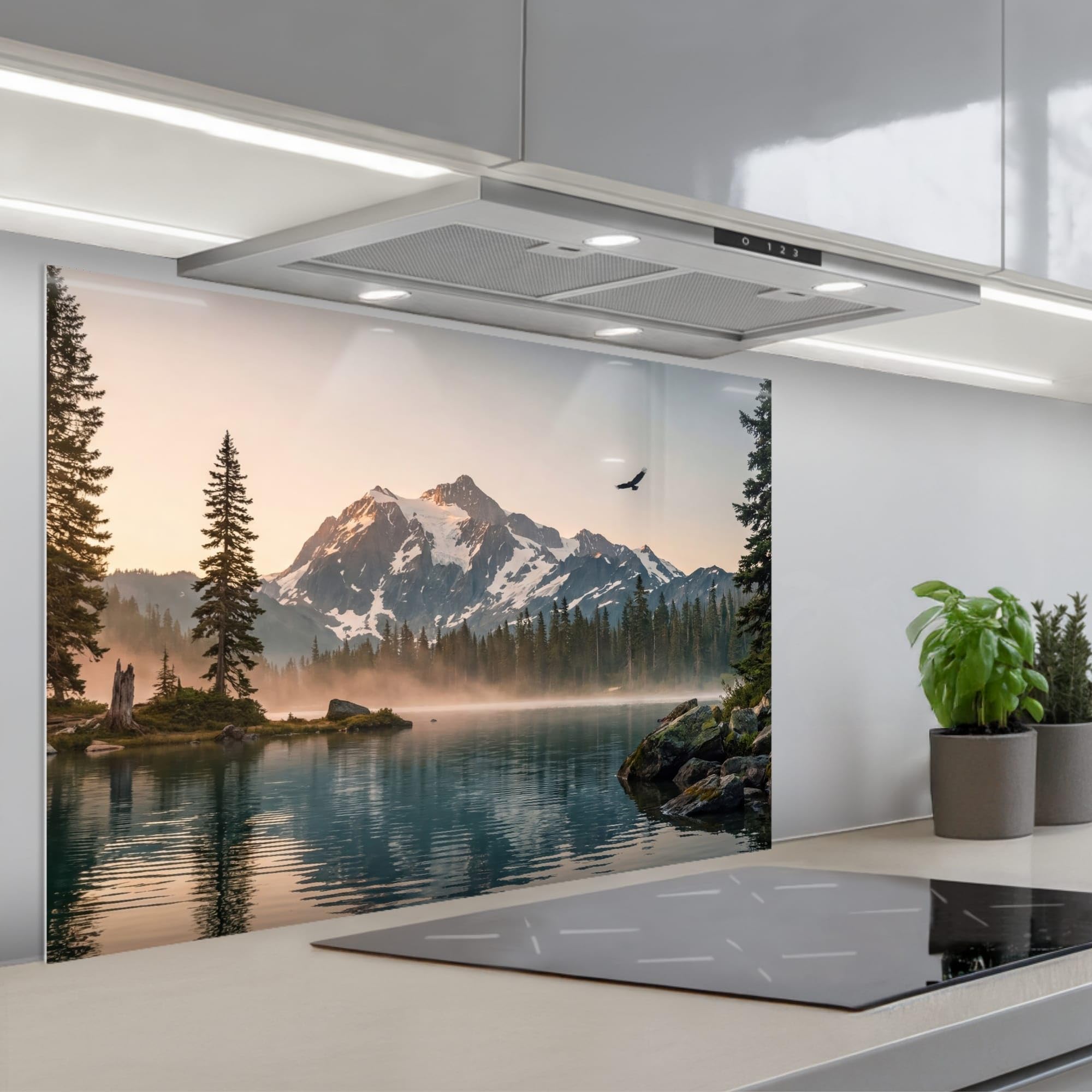 KitchenYeah© Spritzschutz Küchenrückwand 90x60 cm Selbstklebend Küche Rückwand Küchenwand Wand Küchenfront Verkleidung Küchenspritzschutz Berge - Wasser - Bäume