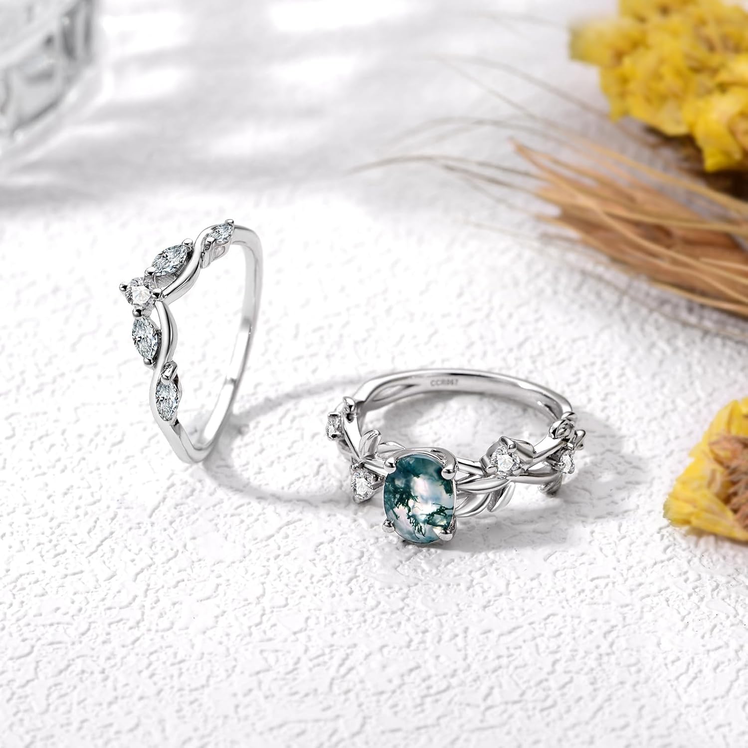 Oval Cut Moss Agate Wedding Ring Set for Women, 925 Sterling Silver 1 Carat Green Moss Agate Engagement Bridal Ring Set Nature-Inspired Leaf Design Anniversary Jewelry Gifts for Her - Image 5