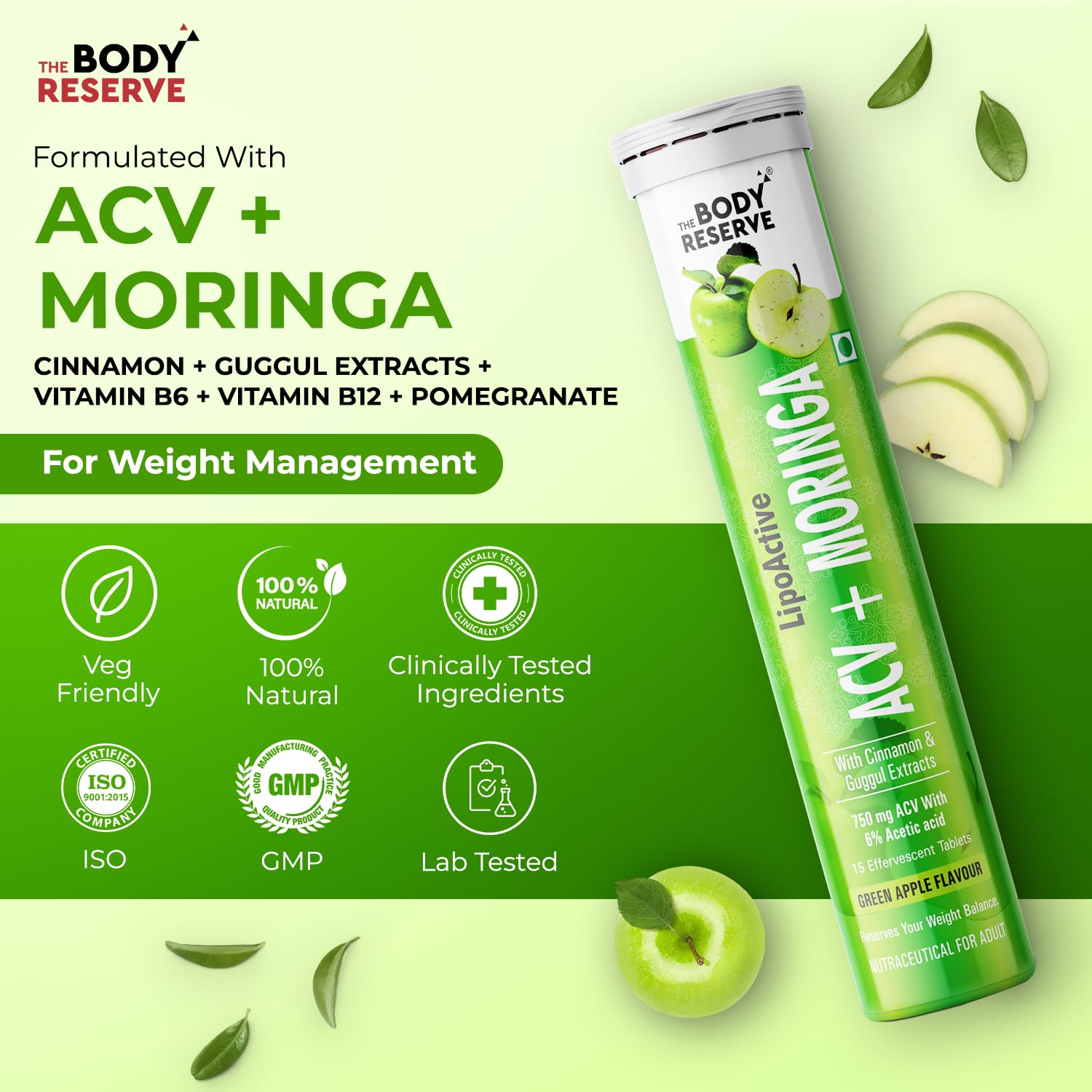 The Body Reserve ACV Moringa Effervescent Tablets – Apple Cider Vinegar, Cinnamon, Moringa, Pomegranate | Supports Metabolism, Cravings, Digestion & Immunity | Green Apple Flavor | Pack of 4 (60 Tablets) — Amazon image 2