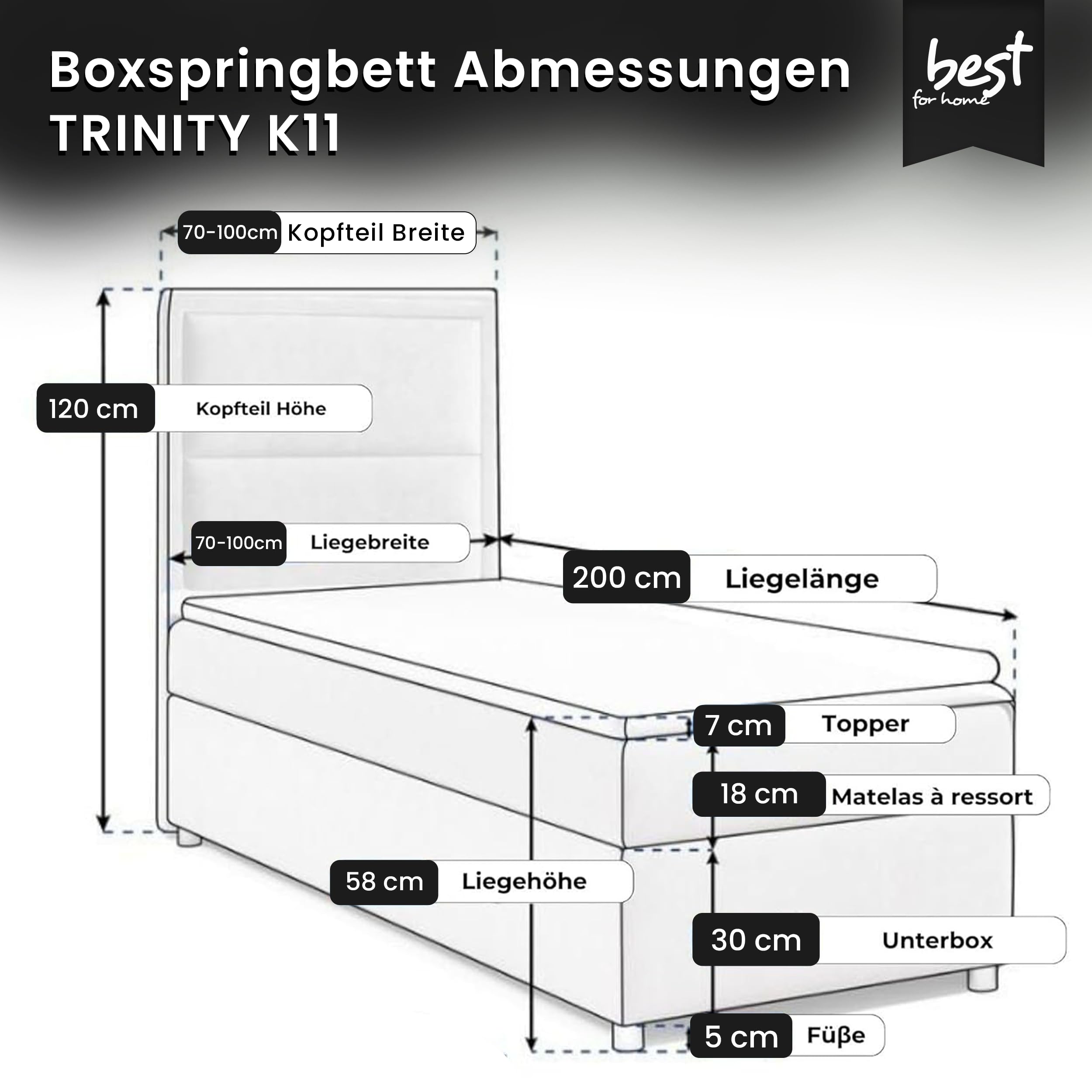 Boxspringbett Trinity k-11 mit 7-Zonen Bonell-Federkernmatratze | Boxspringbett 90x200 | Boxsprintbett mit Matratze Und Stauraum | Polsterbett 90x200 - Lieferung bis Bordsteinkante