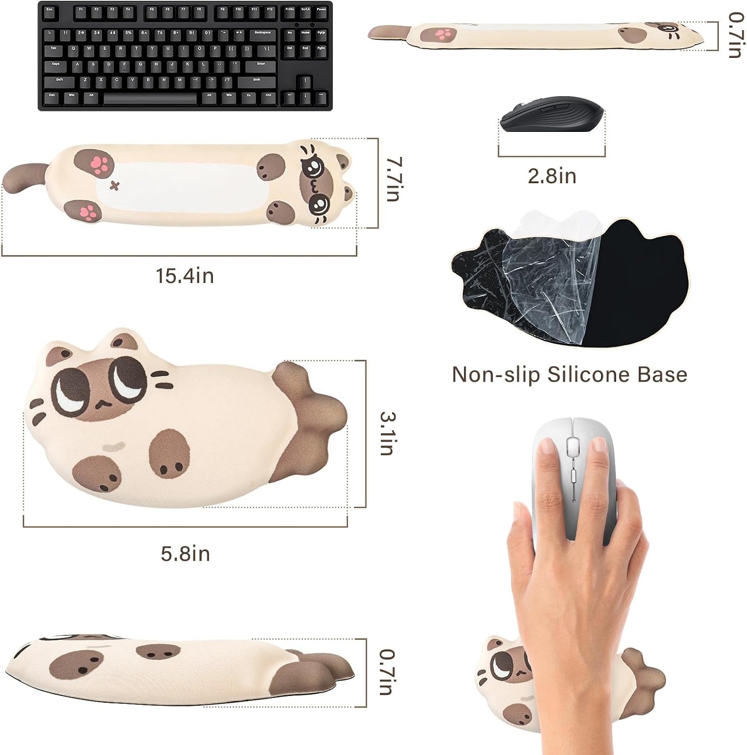 Keyboard Wrist Rest and Mouse Pad Set, Wrist Rest for Keyboard and Mouse,Wrist Support for Keyboard,Non-Slip Base Memory Foam Wrist Pad for Gaming Home Office,Pain Relief(Cute Cat,Off-White)