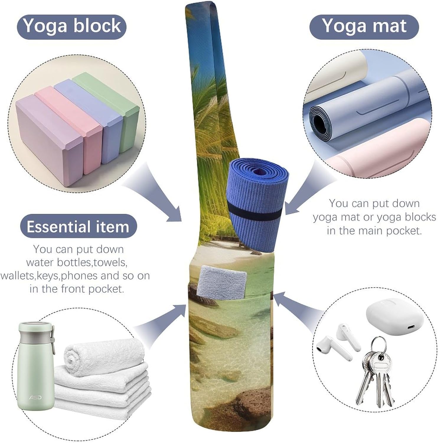 Canvas Yoga Bag,Tropical Beach Scenery Printed Yoga Mat Handbag,Portable Yoga Mat Bag Large Capacity Gym Bag for Men Women Pilates Beach Travel