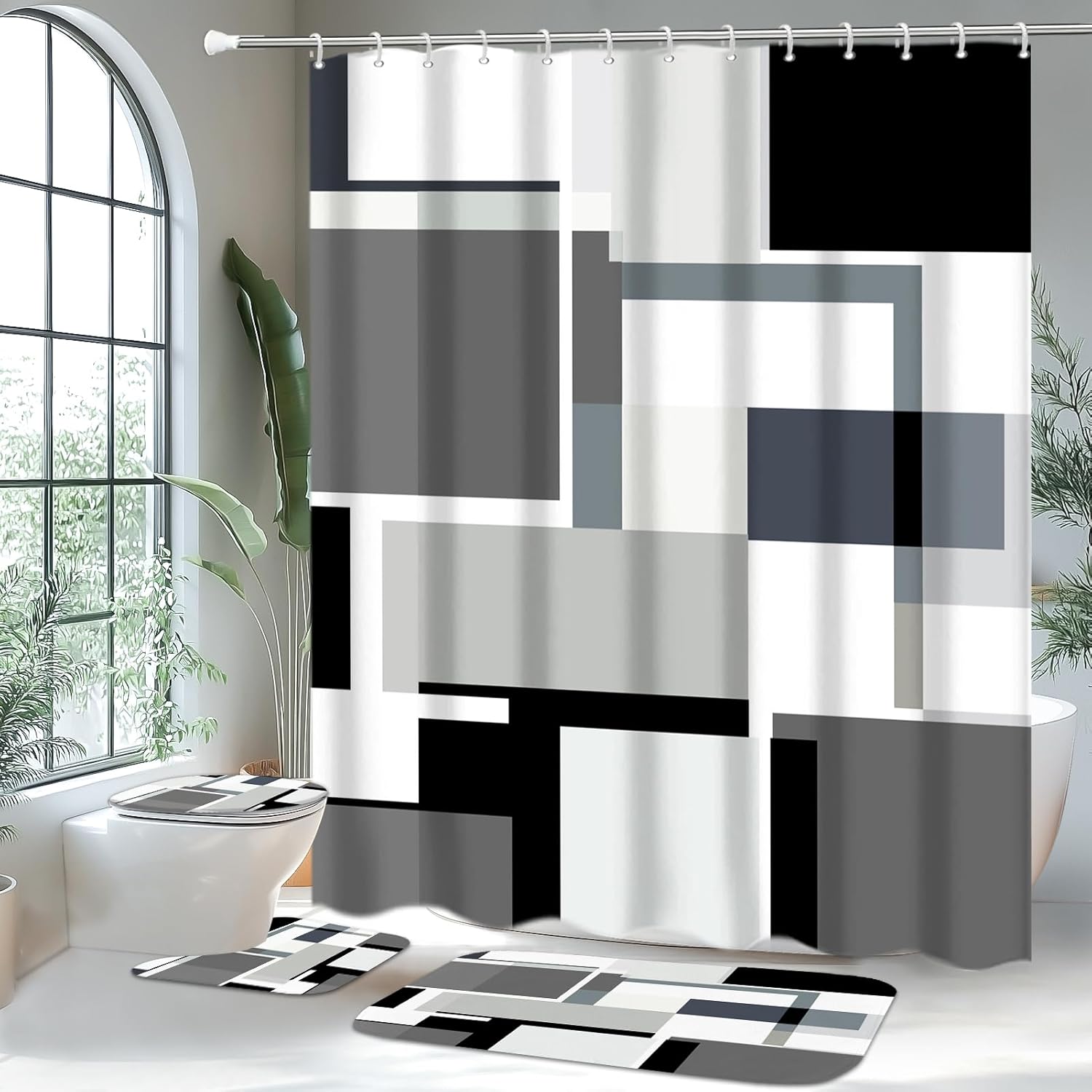 KINUUIS 4 Pcs Bathroom Sets with Shower Curtain and Rugs